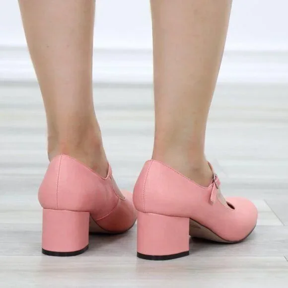 Peach Mary Jane Block Heel Rounded Toe Strap Buckle Retro Chic - Picture 5 of 10